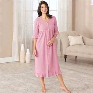 Cuddledown Kara Seersucker Robe Red White Stripe Size XL Feminine Ruffle Lounge